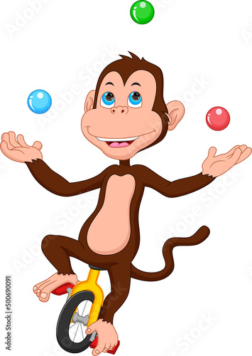 cartoon cute monkey riding bicycle and juggling balls