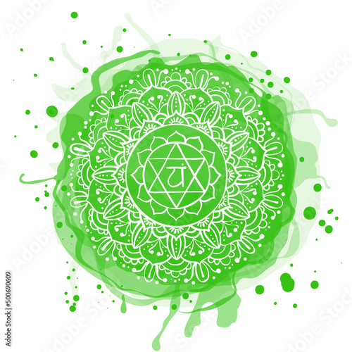 Anahata chakra. Watercolor blot. Hand drawn sloppy vector art. Om sign. Green circle. Sacral icon. Meditation