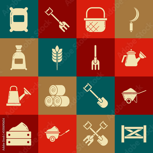Set Garden fence wooden, Wheelbarrow with dirt, Watering can, Shopping basket, Cereals rice, wheat, corn, oats, rye, Bag of flour, and rake icon. Vector