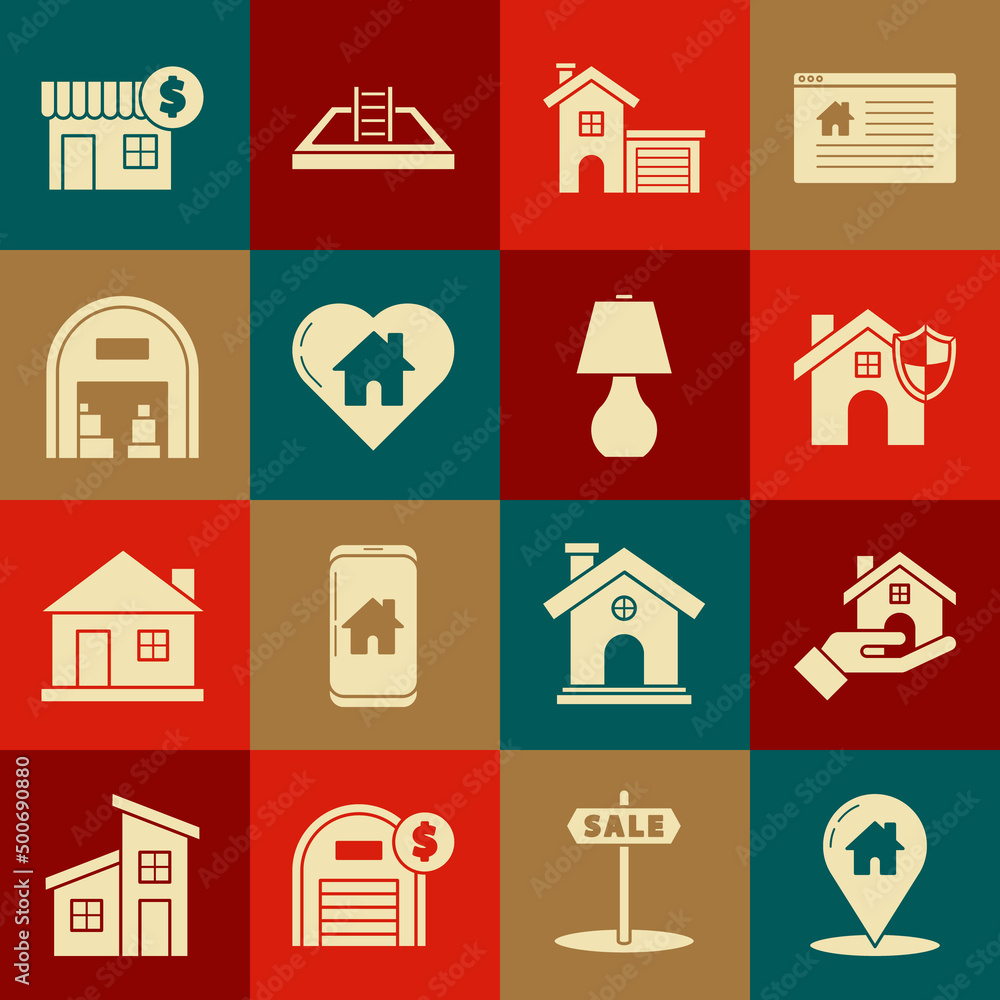 Set Map pointer with house, Realtor, House shield, heart shape, Warehouse, dollar symbol and Table lamp icon. Vector