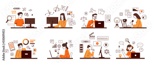 A set of concepts for freelancers and people working remotely.Vector concepts of different remote professions. photo