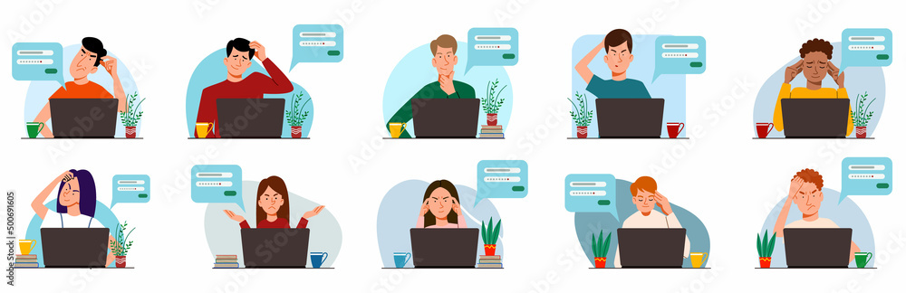 A set of concepts of people thinking on a laptop. Forgot your password and login for the account on the web page. Flat vector illustration. - obrazy, fototapety, plakaty 