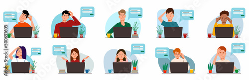 A set of concepts of people thinking on a laptop. Forgot your password and login for the account on the web page. Flat vector illustration. photo