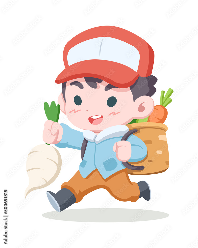 Obraz premium Cute style Japanese farmer carrying vegetables cartoon illustration 
