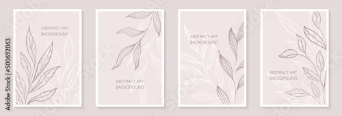 Creative minimalist Abstract art background with leaves branch and Hand Drawn doodle Scribble floral plants Fototapet