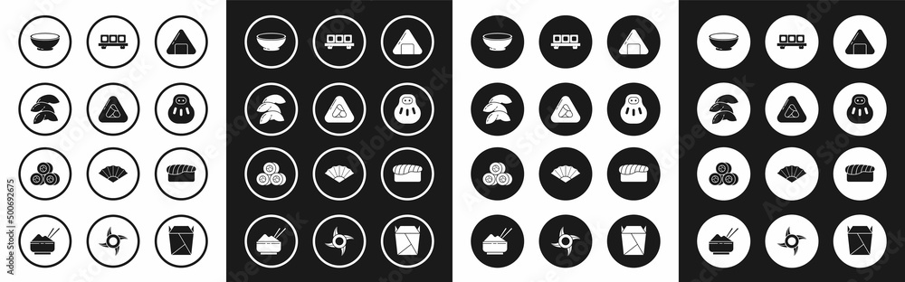 Set Sushi, Chinese fortune cookie, Bowl of hot soup, Maneki neko cat, on cutting board, and icon. Vector Set Sushi, Chinese fortune cookie, Bowl of hot soup, Maneki neko cat, on cutting board, and icon. Vector