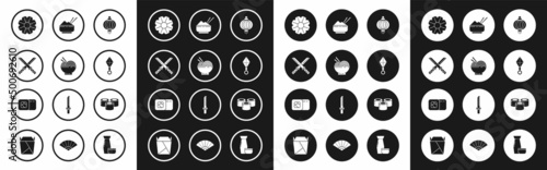 Set Japanese paper lantern, Asian noodles in bowl and chopsticks, Traditional katana, Flower, ninja shuriken, Rice with, Sushi and icon. Vector