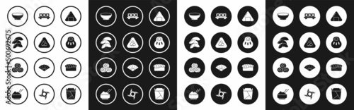 Set Sushi, Chinese fortune cookie, Bowl of hot soup, Maneki neko cat, on cutting board, and icon. Vector