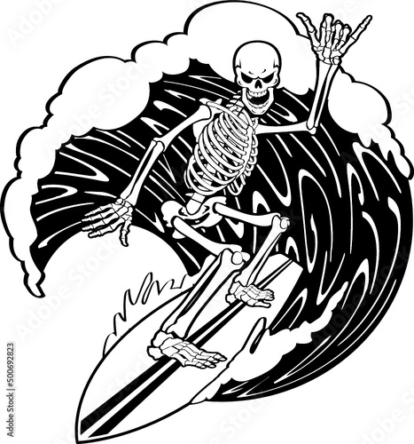 human skeleton on surfboard surfing wave
