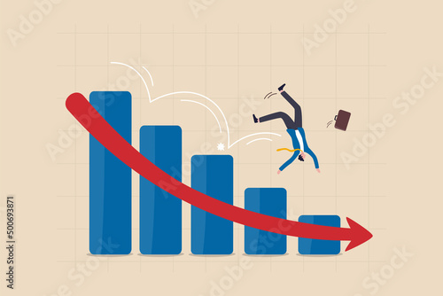 Stock market plunged falling down, economic crash, investing failure or mistake, price drop, recession, investment risk concept, businessman investor slip on stock market graph fall down to the floor.
