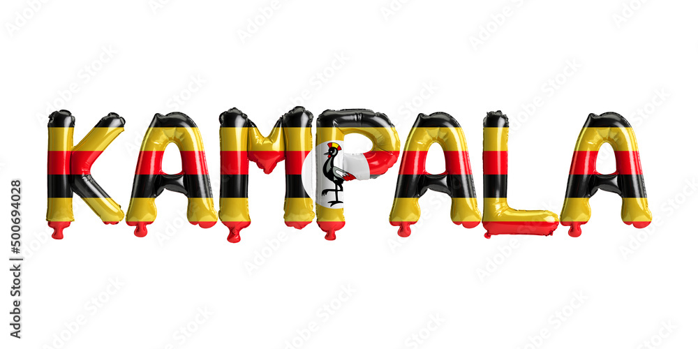 3d illustration of Kampala capital balloons with Uganda flags color isolated on white