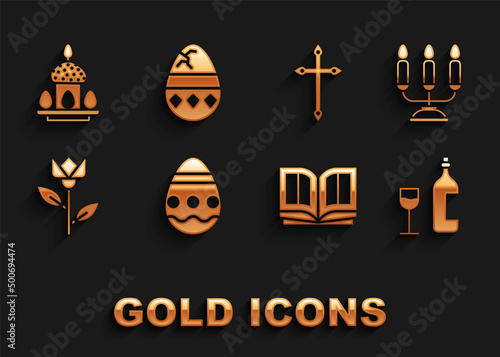 Set Easter egg, Candelabrum with candlesticks, Wine bottle glass, Holy bible book, Flower tulip, Christian cross, cake eggs and Cracked icon. Vector