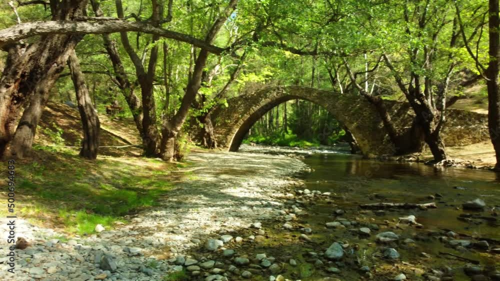 Venetian bridge in the forest over the green river in the Troodos mountains on the island of Cyprus in spring. Venetian bridge in the forest over the green river in the Troodos mountains on the island of Cyprus in spring.
