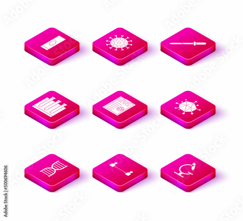 Set DNA symbol, Safe distance, Blood test and virus, Clipboard with blood results, Microscope, Virus, Pipette and icon. Vector