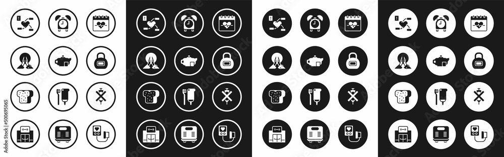 Set Heart rate, Teapot with cup, Meditation, Attention to health heart, Kettlebell, Alarm clock, No doping syringe and Bread toast icon. Vector