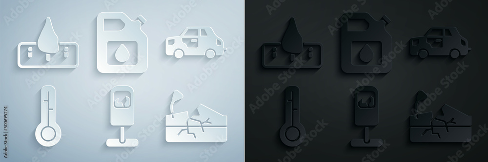 Fototapeta premium Set Trash can, Car, Meteorology thermometer, Earthquake, Canister for gasoline and Deforestation icon. Vector