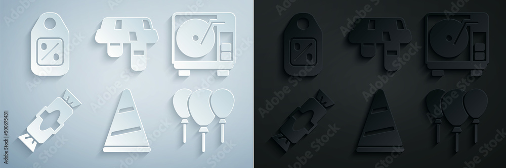 Fototapeta premium Set Party hat, Vinyl player with vinyl disk, Candy, Balloons ribbon, Winter scarf and Price tag Sale icon. Vector