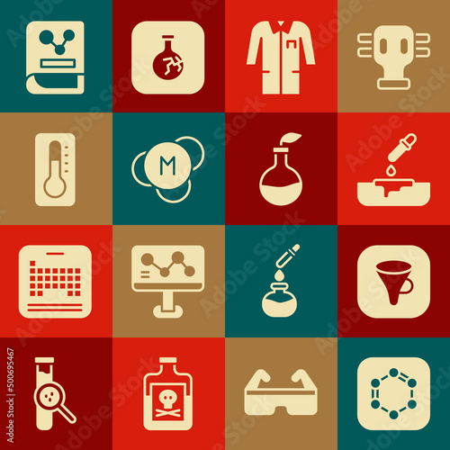 Set Formula of benzene rings, Funnel filter, Petri dish with pipette, Laboratory uniform, Molecule, Medical thermometer, Chemistry book and Plant breeding icon. Vector