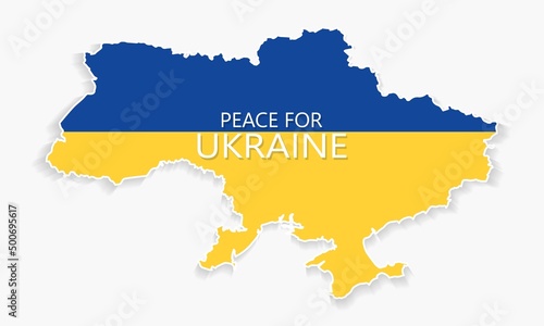 Peace for Ukraine message on map of Ukraine in national flag colors Blue and yellow. Stop war in Ukraine concept banner