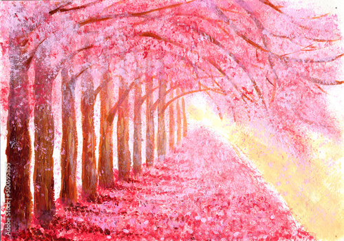 art illustration oil painting : landscape with sakura