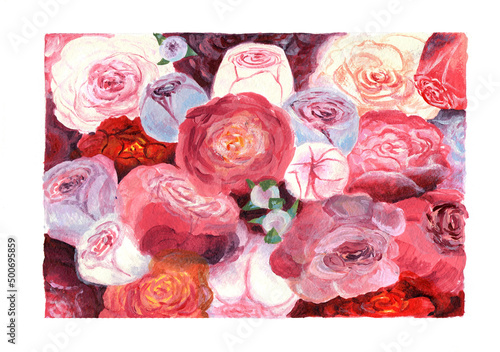 art illustration oil painting : bouquet of flowers top view