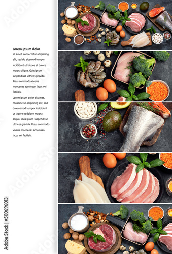 Paleo diet food on light gray background  collage