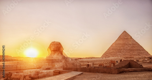 Sphinx and pyramids Giza, Egypt sunset sky Main tourist view