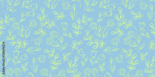 Spring Seamless Pattern. Floral elements in doodle style. Blue background. Watercolor tropical green Flowers and leaves. Wedding Patterns with colorful leaf and Flower