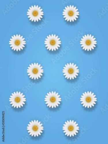 White flowers arranged diagonally repeatedly on a simple  plain light blue background