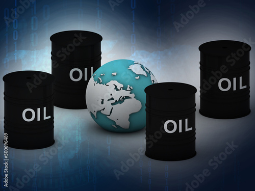 3d illustration crude oil barrel world base photo