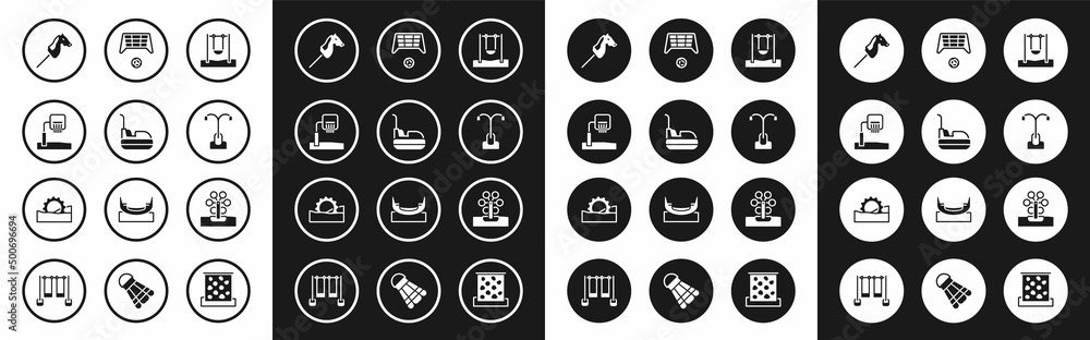 Set Swing, Bumper car, Basketball backboard, Toy horse, Street light, Soccer goal with, Ferris wheel and icon. Vector
