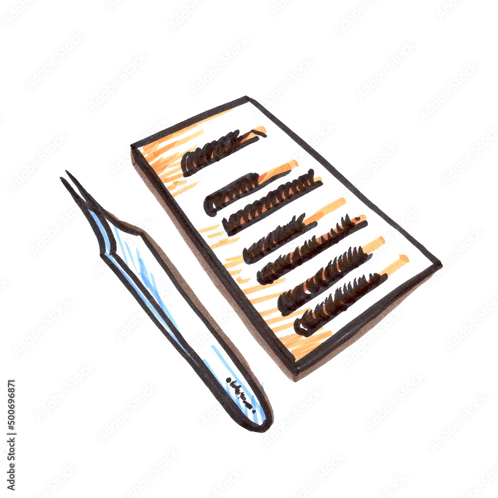 Felt pen Eyelash extension tool Element in the style of line art beauty theme on a white background. Doodle and scribble fake lashes on tablet and tweezers . Design Eylashes Elements for medicine
