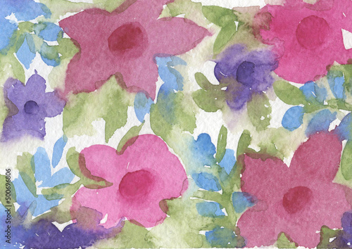 Watercolor pink and violet Flowers. Green Leave. Multicolor provence Background. Floral elements. Colorful Backdrop © Andrei