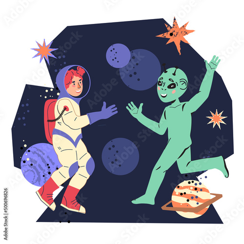 Fantasy space theme banner with child explorer cosmonaut meeting friendly alien, vector cartoon flat illustration isolated on background. Space explore and fantasy adventure.