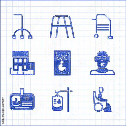 Set Separated toilet for disabled, IV bag, Woman in wheelchair, Head of deaf and dumb, Identification badge, Medical hospital building, Walker and Walking stick cane icon. Vector