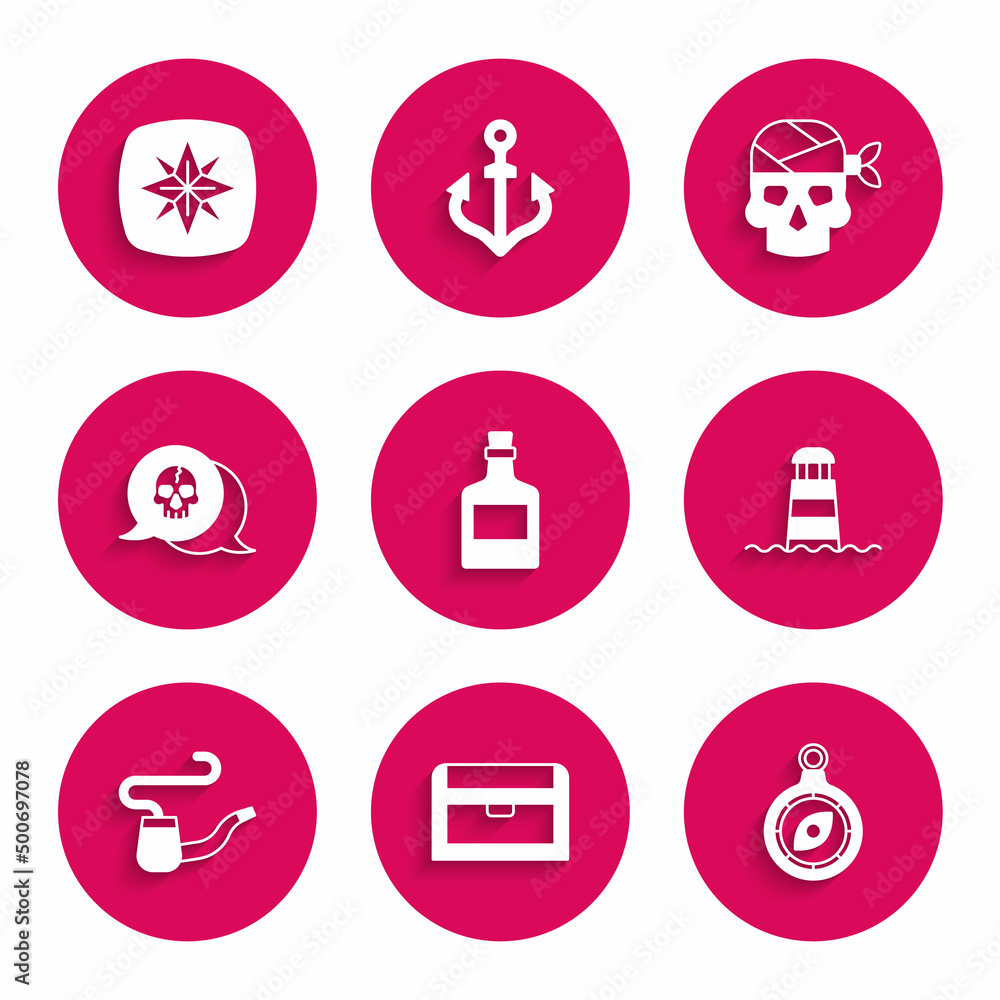 Set Alcohol drink Rum, Antique treasure chest, Compass, Lighthouse, Smoking pipe, Skull, Pirate captain and Wind rose icon. Vector Set Alcohol drink Rum, Antique treasure chest, Compass, Lighthouse, Smoking pipe, Skull, Pirate captain and Wind rose icon. Vector