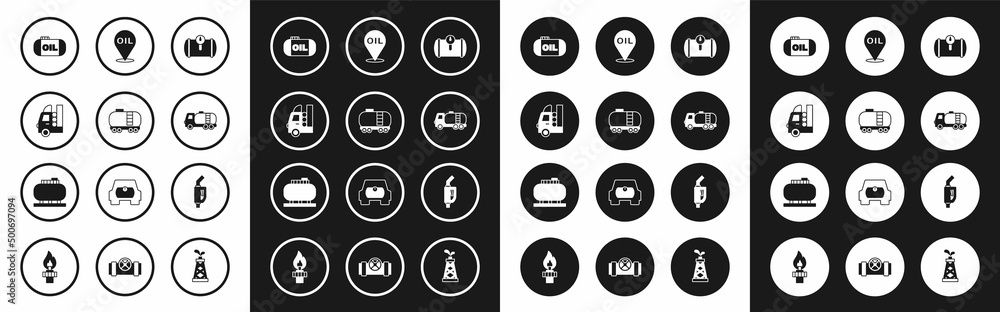 Set Gas tank for vehicle, Oil railway cistern, storage, Tanker truck, Refill petrol fuel location, Gasoline pump nozzle and icon. Vector Set Gas tank for vehicle, Oil railway cistern, storage, Tanker truck, Refill petrol fuel location, Gasoline pump nozzle and icon. Vector