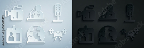 Set World news, Microphone, Journalist id card, Drone, Breaking and Cinema camera icon. Vector