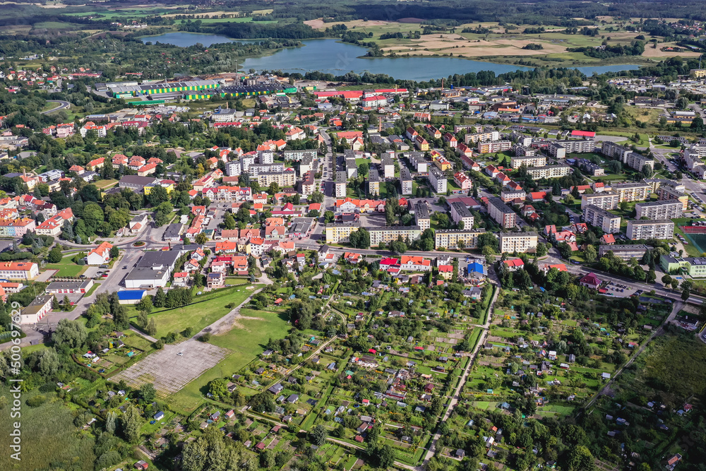 Aerial drone photo of Morag town in Warmia and Mazury region, Poland, view with Lake Skiertag