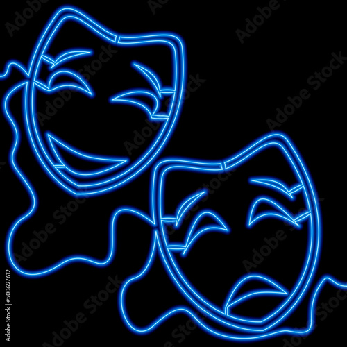 Continuous line drawing Theatre masks icon neon concept