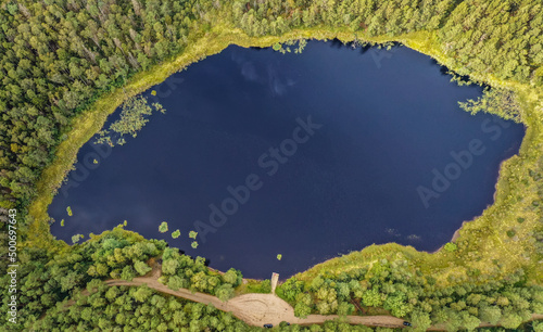 Drone photo of Stoborowe forest lake in Kaszuby region of Poland