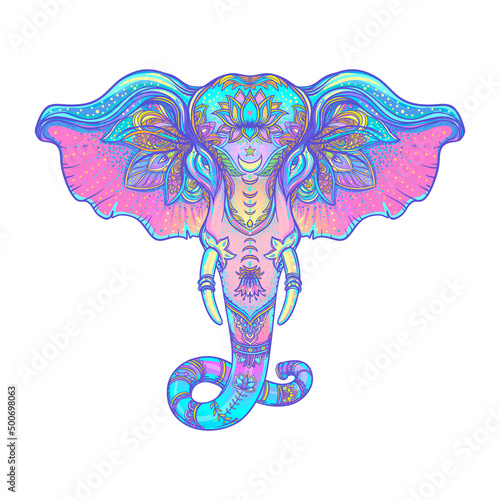 Beautiful hand-drawn tribal style elephant. Tattoo design, boho patterns. Ethnic background, spiritual art, yoga. Indian god Ganesha, Thai symbol. T-shirt, posters. Vibrant psychedelic gradient
