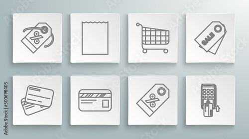 Set line Credit card, Paper shopping bag, Discount percent tag, Pos terminal with inserted credit, Shopping cart, Price an inscription Sale and icon. Vector