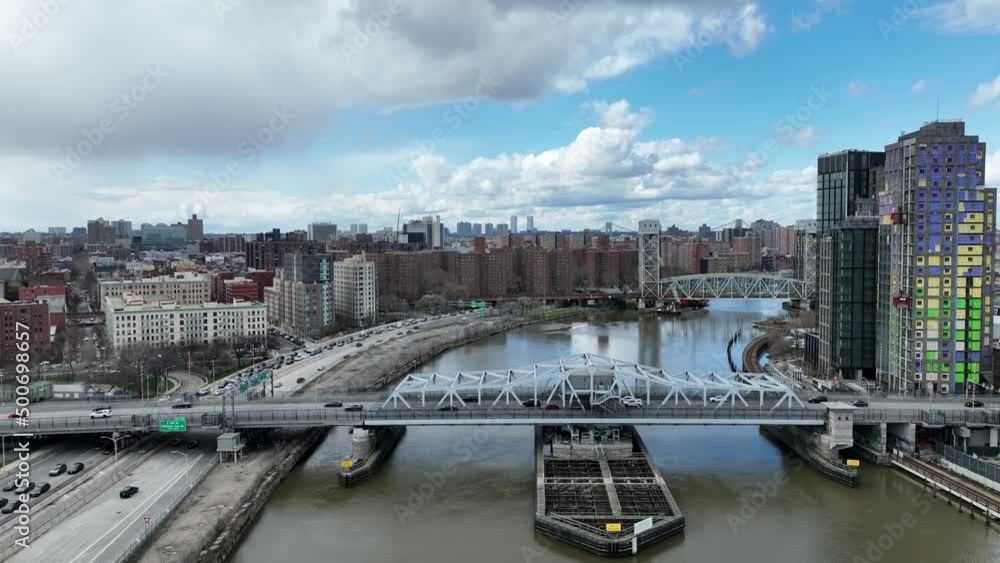 aerial moving over Harlem River bridges in NYC aerial moving over Harlem River bridges in NYC