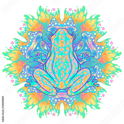 Green frog in acid colors. Hippie style. Totem animal. Vector illustration for sticker, poster, banner, web, t-shirt print, pin, bag print, badge. isolated artwork.