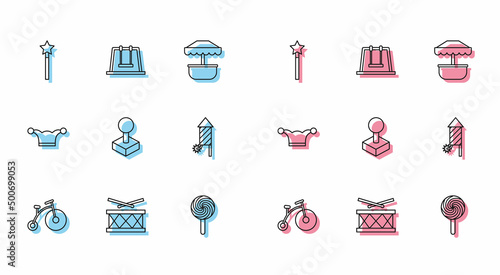 Set line Vintage bicycle with one big wheel and one small, Drum drum sticks, Magic wand, Lollipop, Joystick for arcade machine, Firework rocket, Jester hat bells and Swing icon. Vector
