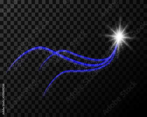 Dynamic blue lines, waves with bokeh glow effect and bright star, star milky way on transparent background