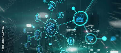 RPA. Robotic Process Automation on modern city abstract background