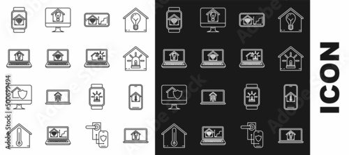 Set line Laptop with smart house and light bulb, Mobile phone temperature, Smart alarm, home wi-fi, watch and icon. Vector