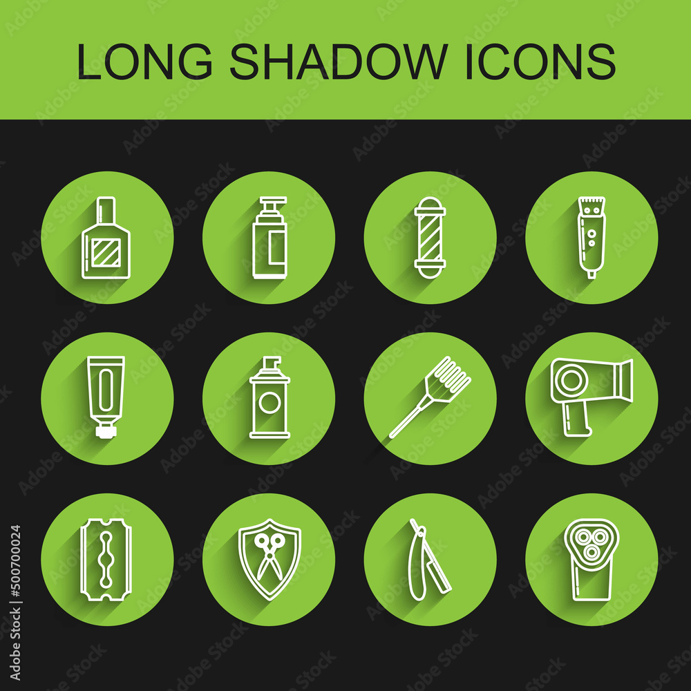 Set line Blade razor, Scissors hairdresser and shield, Aftershave, Straight, Electrical clipper shaver, Shaving gel foam, Hair dryer and Hairbrush icon. Vector Set line Blade razor, Scissors hairdresser and shield, Aftershave, Straight, Electrical clipper shaver, Shaving gel foam, Hair dryer and Hairbrush icon. Vector